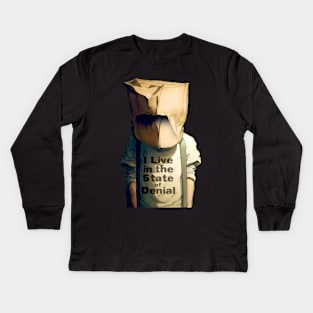 I Live in the State of Denial No. 3: A Person with a Paper Bag over His Head on a dark background Kids Long Sleeve T-Shirt